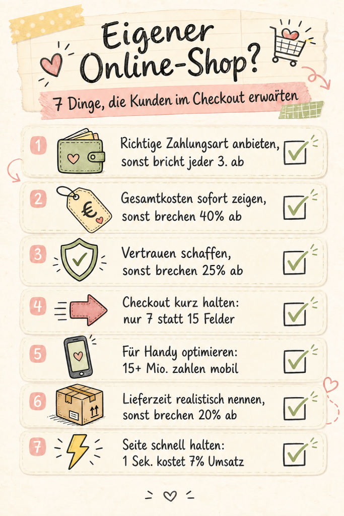Infografik: Eigener Online-Shop? 7 Dinge, die Kunden im Checkout erwarten – von der richtigen Zahlungsart bis zur schnellen Seite